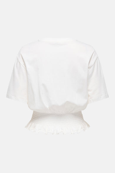 T-shirt blanc de ONLY®, vue de dos, à manches courtes et taille froncée avec ourlet volanté.