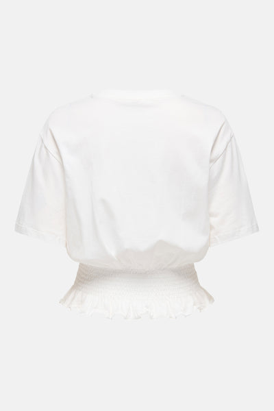 T-shirt blanc de ONLY®, vue de dos, à manches courtes et taille froncée avec ourlet volanté.