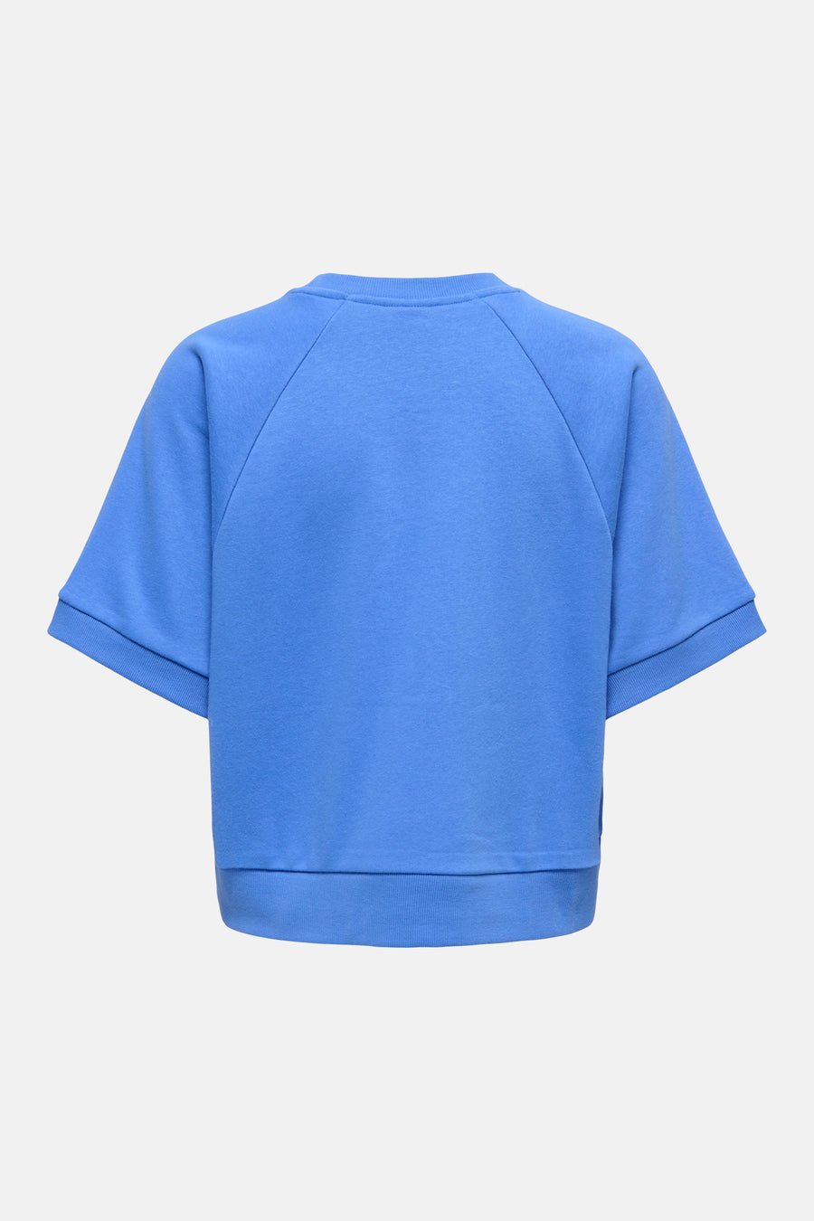 Blauwe ONLY® sweater, korte mouwen met opgerolde zomen, achterzicht.