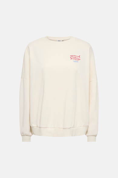 Beige trui met ronde hals van het merk ONLY, met borduursel van twee goudvissen en het woord "Sardines" in het blauw op de borst.