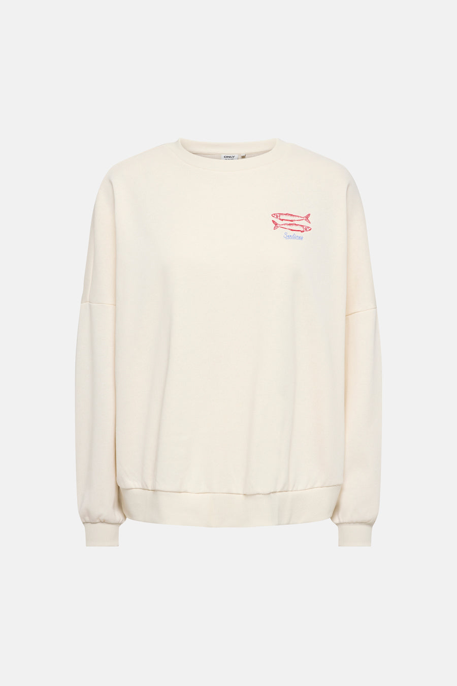 Beige trui met ronde hals van het merk ONLY, met borduursel van twee goudvissen en het woord "Sardines" in het blauw op de borst.