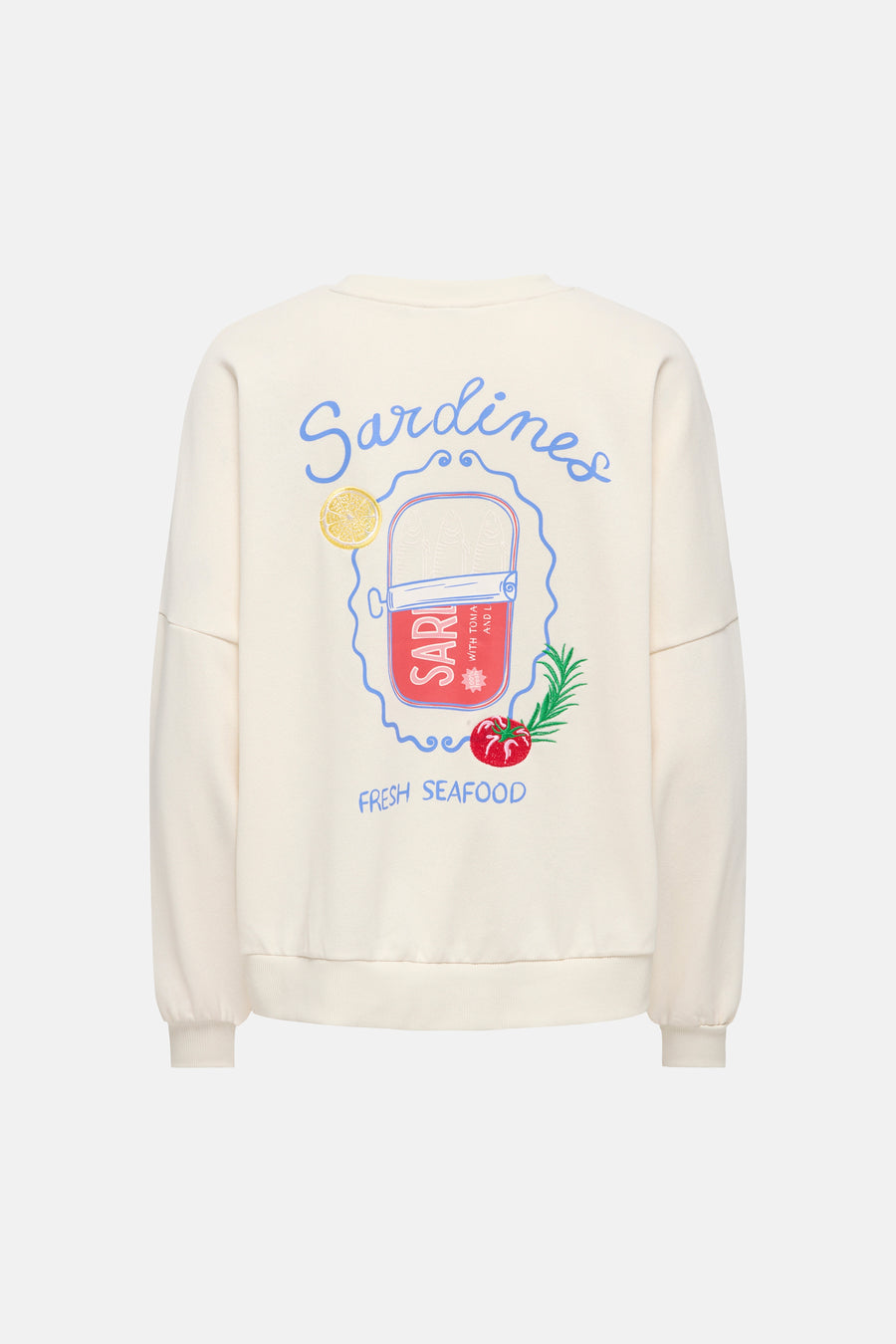 Beige trui van ONLY met ronde hals, rug met grafische print van een blikje sardines, citroen en groenten.