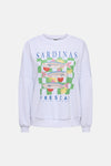 Grijze gemêleerde sweater van ONLY® met een kleurrijk sardineblikmotief op de rug.