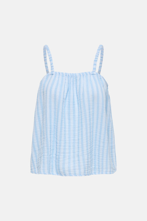 Débardeur rayé bleu et blanc de ONLY en coton froissé avec fines bretelles et encolure froncée.