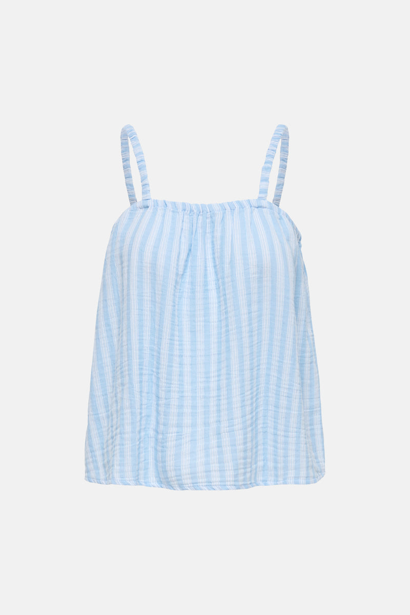 Débardeur rayé bleu et blanc de ONLY en coton froissé avec fines bretelles et encolure froncée.