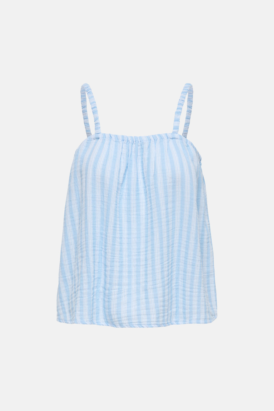 Débardeur rayé bleu et blanc de ONLY en coton froissé avec fines bretelles et encolure froncée.
