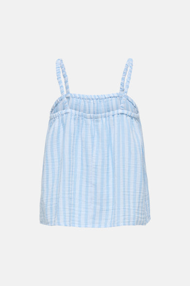 Débardeur bleu et blanc à rayures verticales de ONLY® avec bretelles fines et tissu texturé, vue de dos.