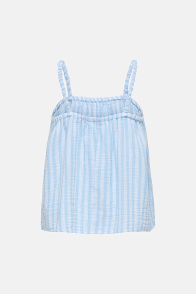 Débardeur bleu et blanc à rayures verticales de ONLY® avec bretelles fines et tissu texturé, vue de dos.