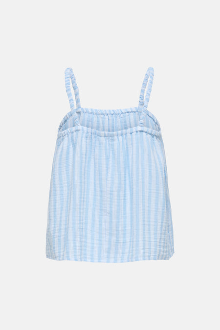 Débardeur bleu et blanc à rayures verticales de ONLY® avec bretelles fines et tissu texturé, vue de dos.