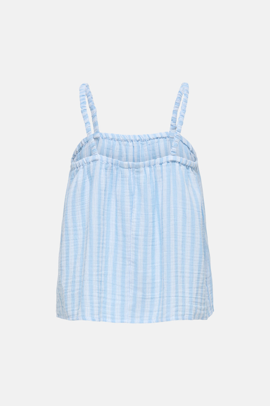 Débardeur bleu et blanc à rayures verticales de ONLY® avec bretelles fines et tissu texturé, vue de dos.