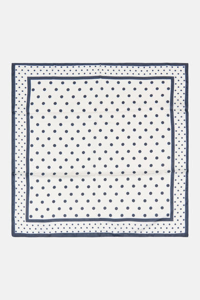 White silk foulard with navy polka dots and border, flat lay view