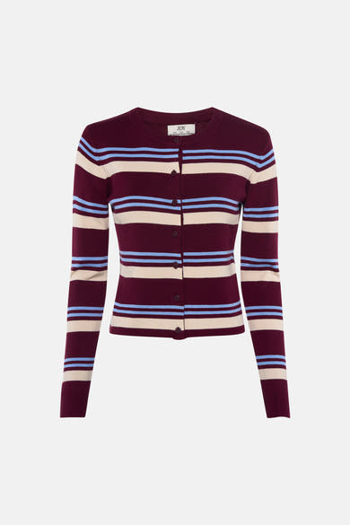 Multicolored striped knit cardigan by JDY, featuring burgundy, cream, and light blue horizontal bands with front button closure, shown front view.