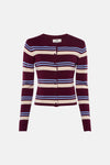 Multicolored striped knit cardigan by JDY, featuring burgundy, cream, and light blue horizontal bands with front button closure, shown front view.