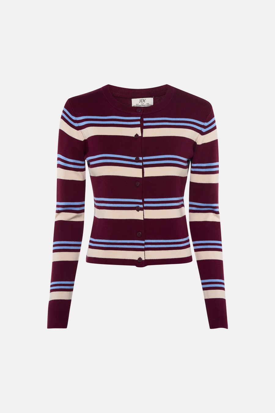 Multicolored striped knit cardigan by JDY, featuring burgundy, cream, and light blue horizontal bands with front button closure, shown front view.