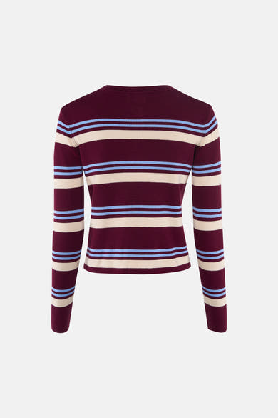 Multicolored striped cardigan with burgundy, cream, and light blue horizontal bands, back view, ribbed knit texture