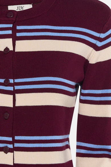 Multicolored striped knit cardigan by JDY, featuring burgundy base with light blue and cream horizontal bands, front button closure, close-up view