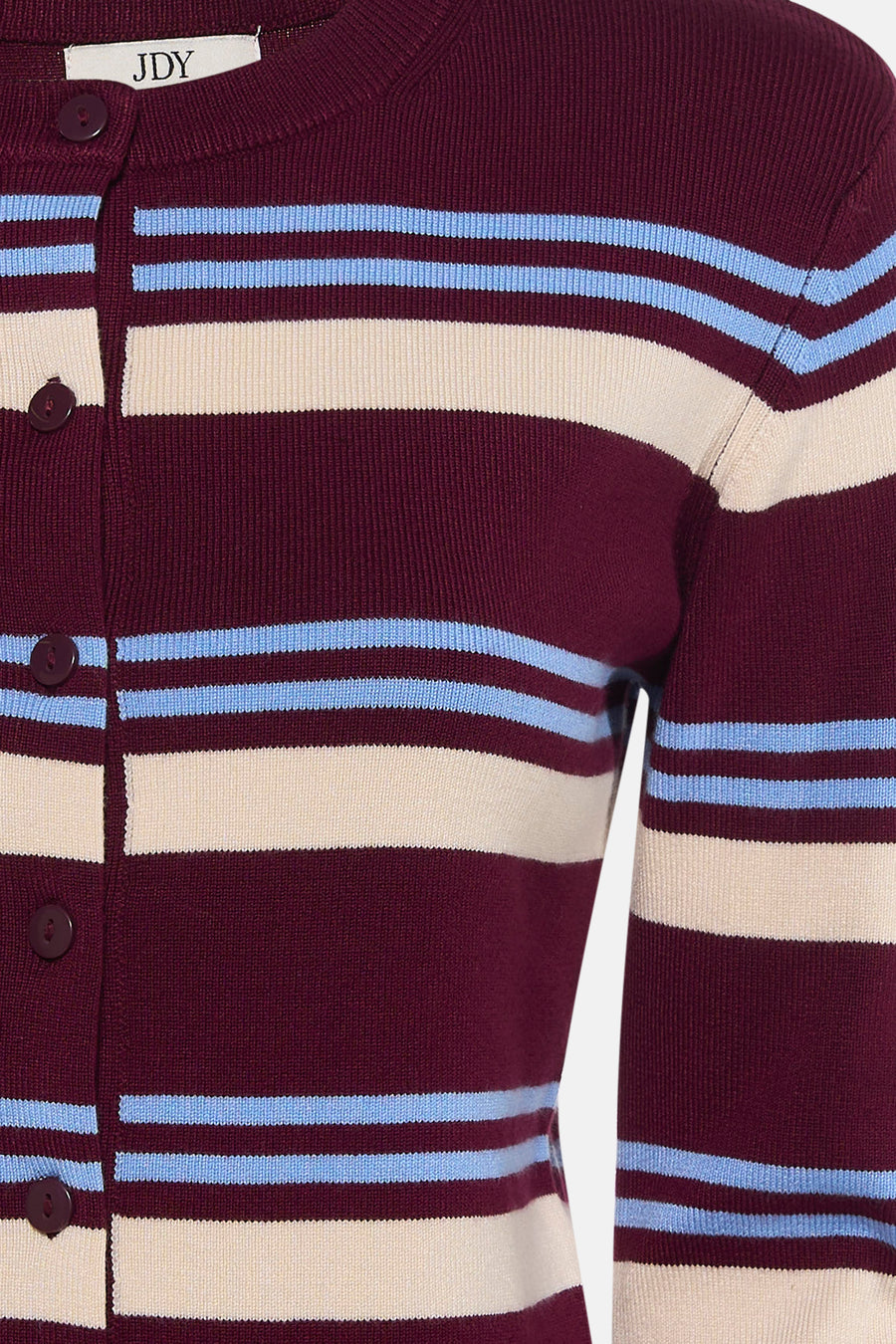 Multicolored striped knit cardigan by JDY, featuring burgundy base with light blue and cream horizontal bands, front button closure, close-up view