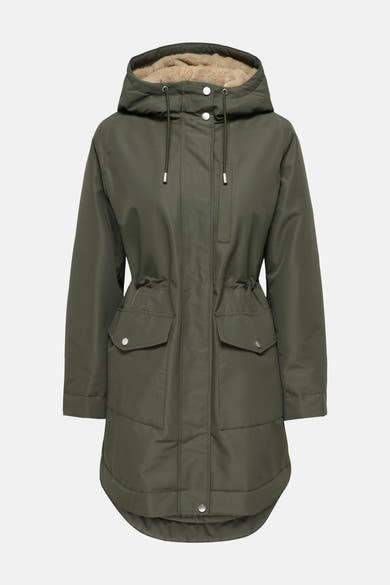 Parka kaki pour femme JDY à capuche doublée en fourrure synthétique, avec cordons, fermeture à boutons-pression et poches à rabat