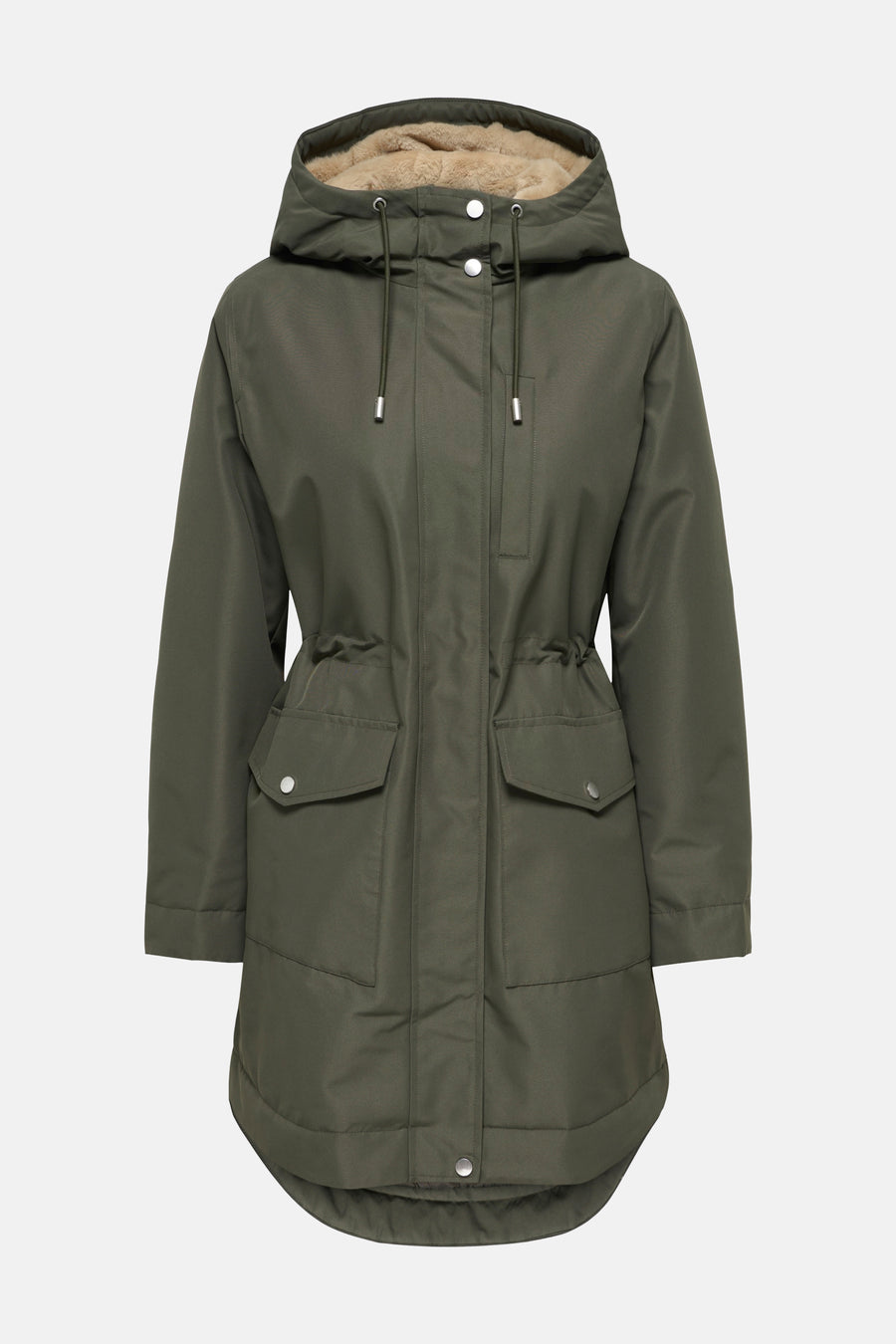Parka kaki pour femme JDY à capuche doublée en fourrure synthétique, avec cordons, fermeture à boutons-pression et poches à rabat