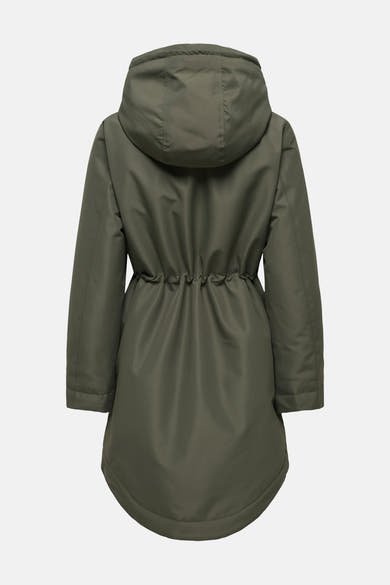 Vue arrière d’une parka longue kaki pour femme JDY, à capuche et taille froncée.