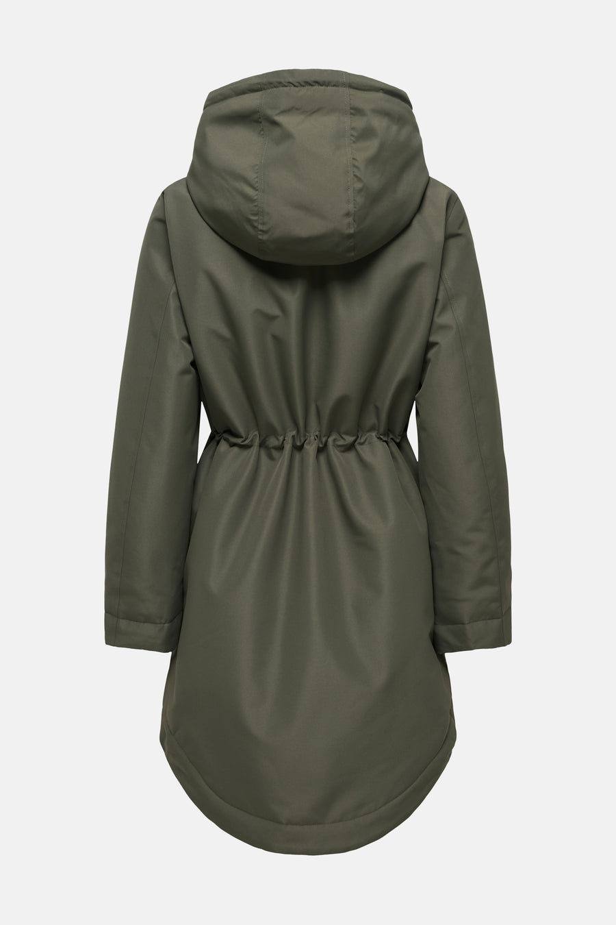 Vue arrière d’une parka longue kaki pour femme JDY, à capuche et taille froncée.