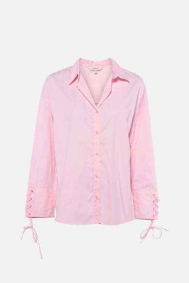 Pink long-sleeve shirt with lace-up cuffs by ONLY, front view, smooth fabric, button-down design