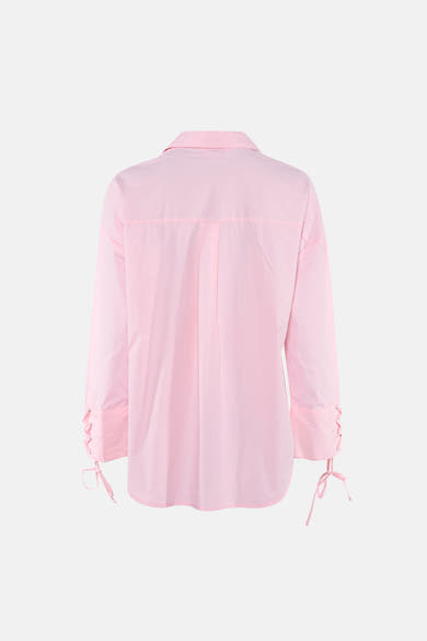 Pink long-sleeve shirt with lace-up cuffs, back view, smooth fabric, relaxed fit
