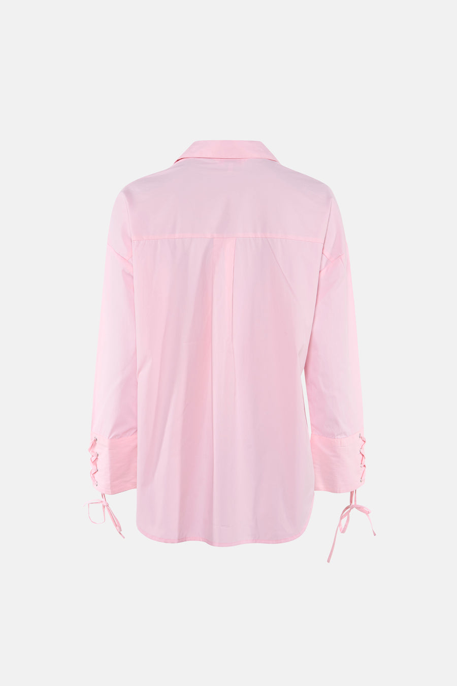 Pink long-sleeve shirt with lace-up cuffs, back view, smooth fabric, relaxed fit