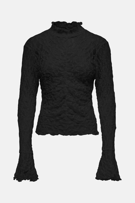 Zwart T-shirt met lange mouwen van JDY, met opstaande gerimpelde kraag en wafelstructuur.