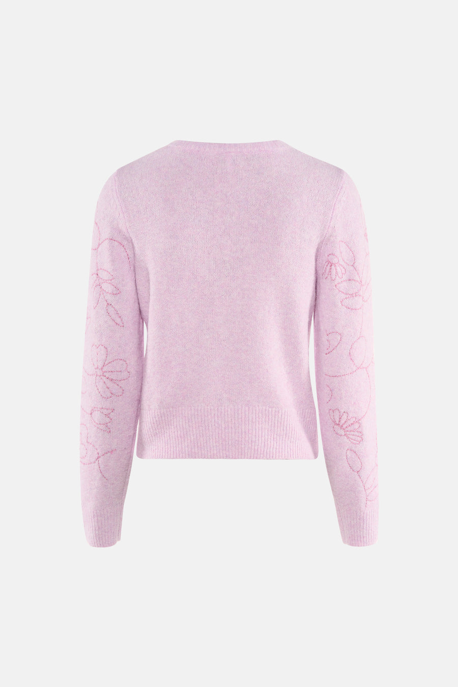 Gilet violet de ONLY, avec motif floral brodé sur les manches longues, sur fond neutre.
