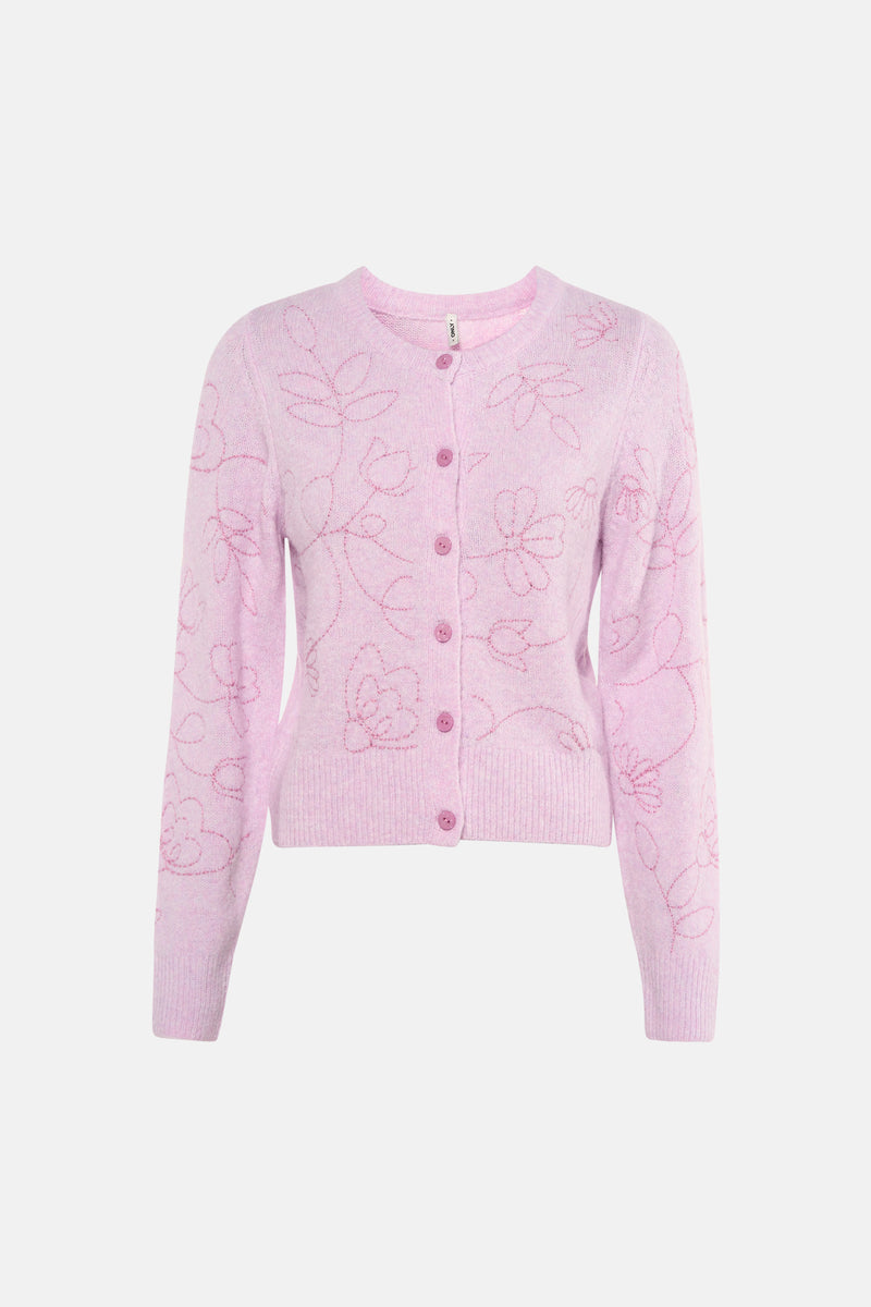 Gilet violet de ONLY, avec motif floral brodé ton sur ton et fermeture boutonnée.

