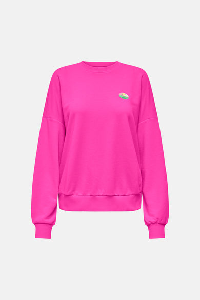 Sweat rose à col O de ONLY® avec un patch brodé multicolore sur la poitrine.