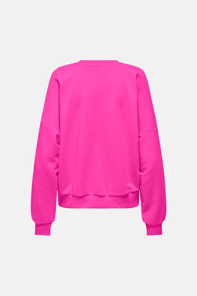 Sweat rose fuchsia à col rond de ONLY®, vue de dos, avec ourlet et poignets côtelés.