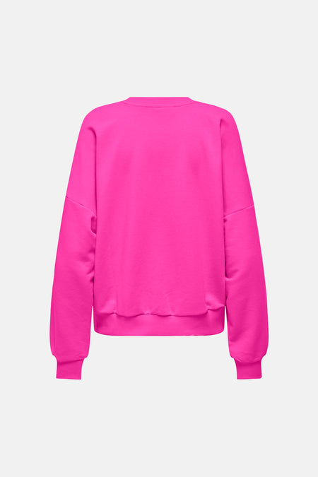 Sweat rose fuchsia à col rond de ONLY®, vue de dos, avec ourlet et poignets côtelés.