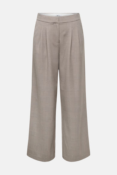 Beige checkered wide-leg suit trousers by ONLY, featuring front pleats and high waist, front view