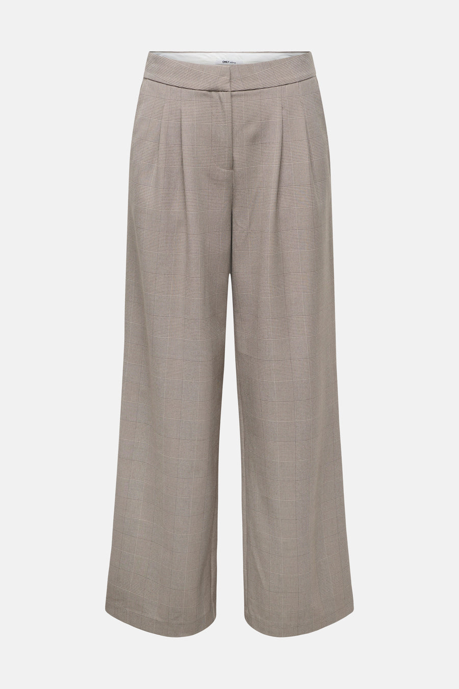 Beige checkered wide-leg suit trousers by ONLY, featuring front pleats and high waist, front view