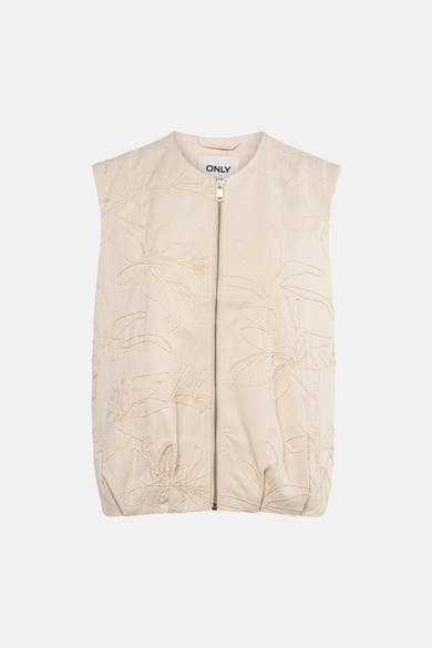 Beige mouwloos vest van ONLY met geborduurd bloemenpatroon en ritssluiting middenvoor.