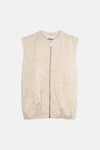 Beige mouwloos vest van ONLY met geborduurd bloemenpatroon en ritssluiting middenvoor.