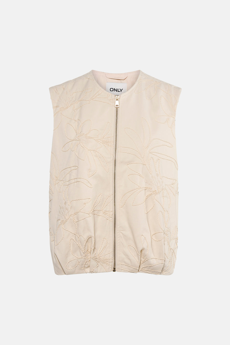 Beige mouwloos vest van ONLY met geborduurd bloemenpatroon en ritssluiting middenvoor.