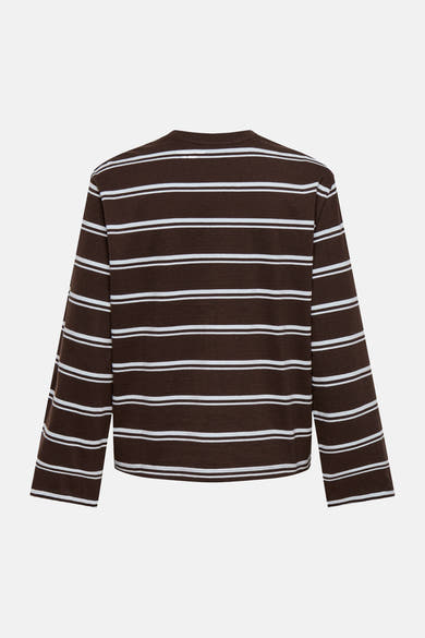 Brown and white striped long-sleeve t-shirt from Coffee Bean, back view, relaxed fit, ribbed crew neck
