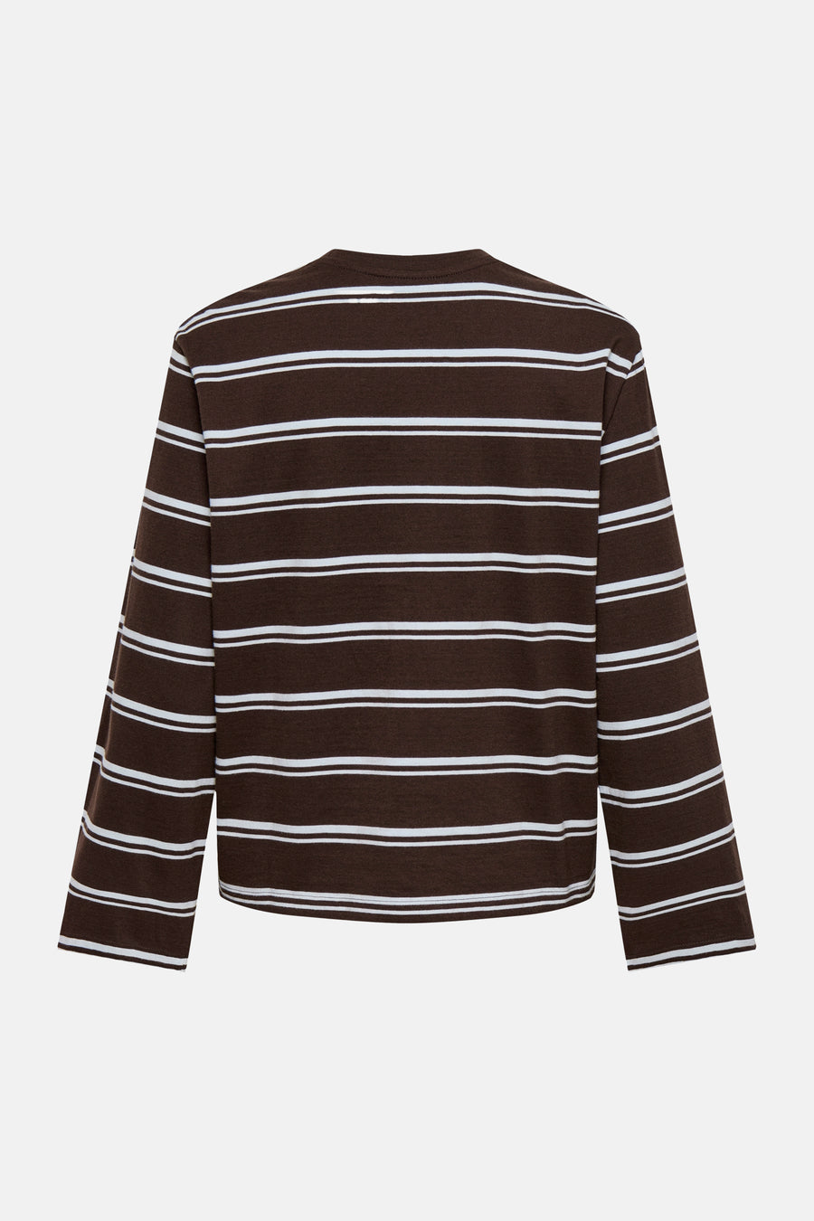 Brown and white striped long-sleeve t-shirt from Coffee Bean, back view, relaxed fit, ribbed crew neck