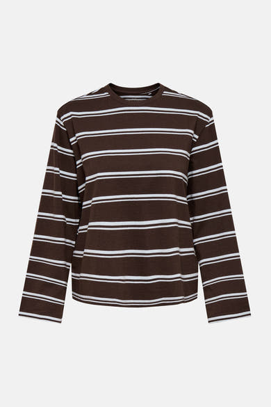 Brown and white striped long-sleeve t-shirt by Coffee Bean, featuring horizontal stripes and a crew neckline, front view.