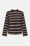 Brown and white striped long-sleeve t-shirt by Coffee Bean, featuring horizontal stripes and a crew neckline, front view.
