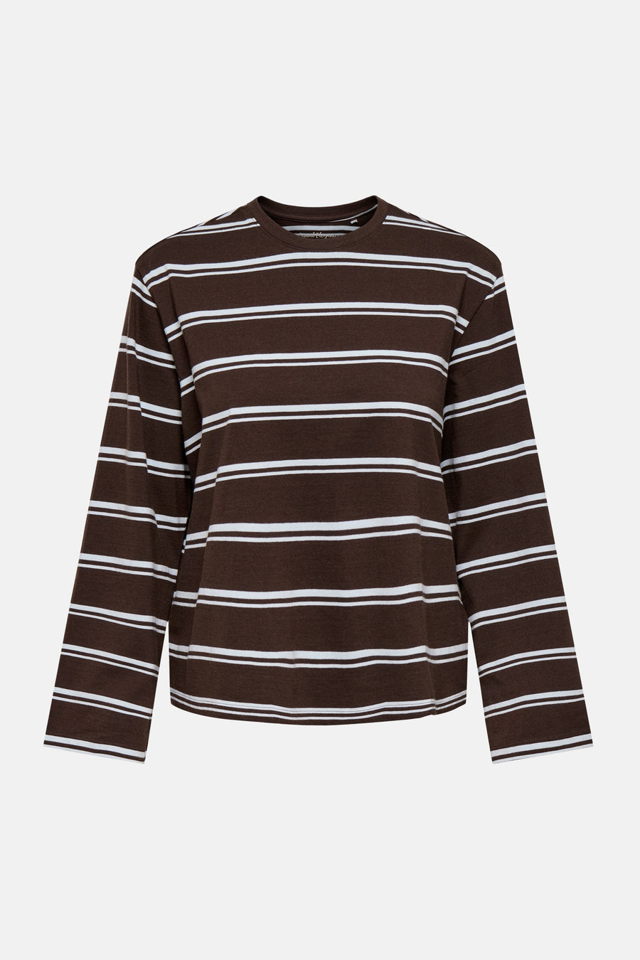 Brown and white striped long-sleeve t-shirt by Coffee Bean, featuring horizontal stripes and a crew neckline, front view.