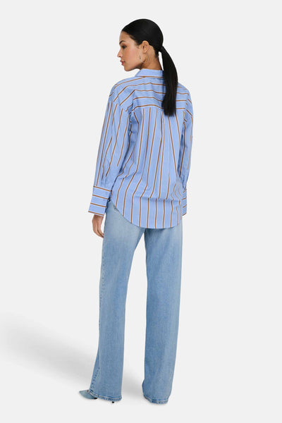 Light blue long-sleeve striped chemise with brown vertical stripes, shown from back view on model wearing light wash jeans.