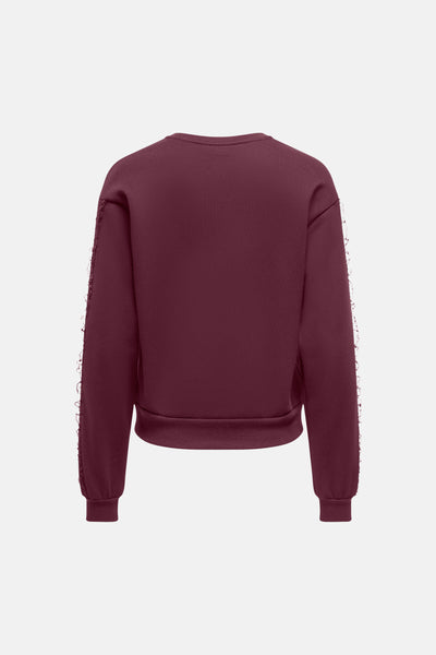 Bordeaux crewneck sweatshirt with frayed side seams, back view, ribbed cuffs and hem