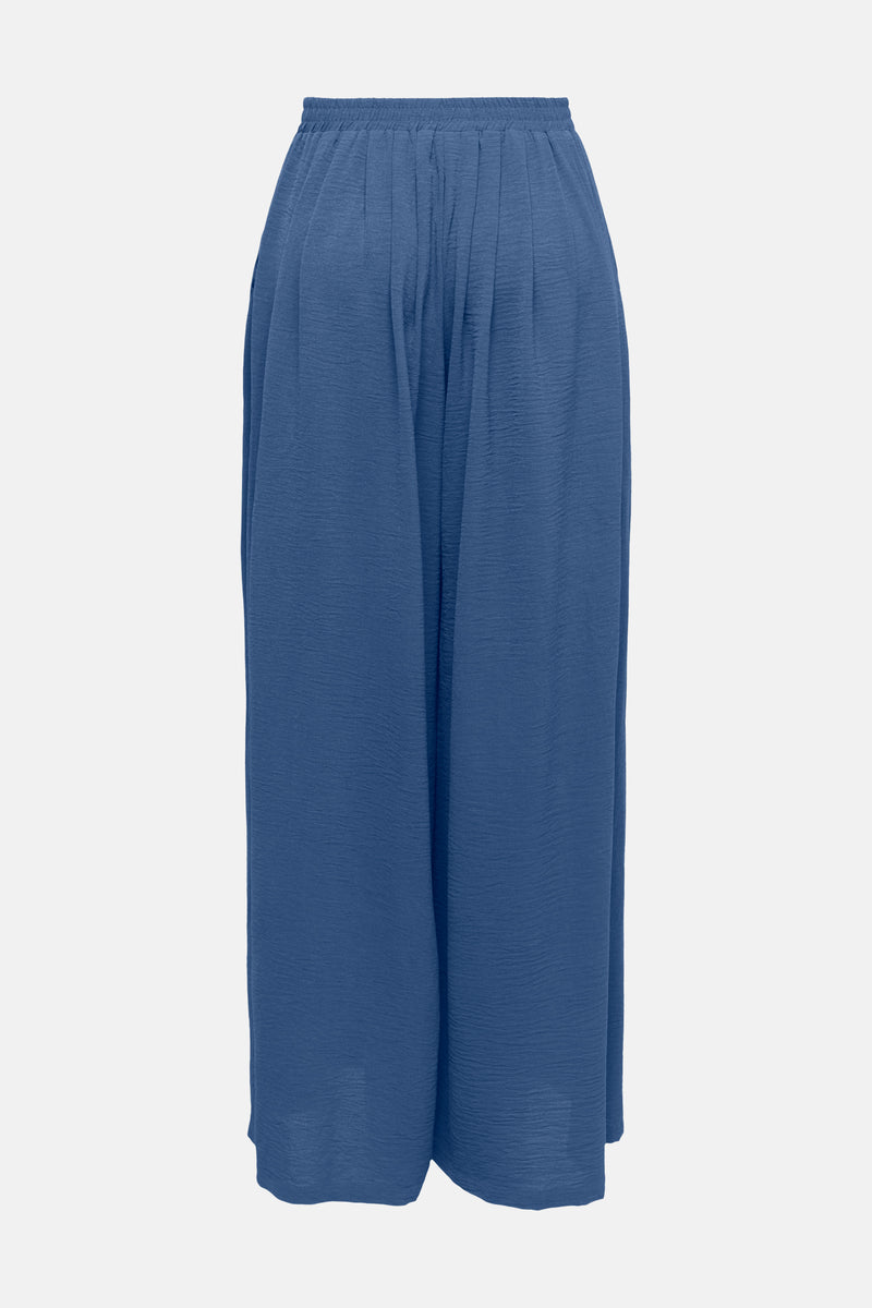 JDY blauwe broek, ruim en getextureerd, met elastische tailleband.