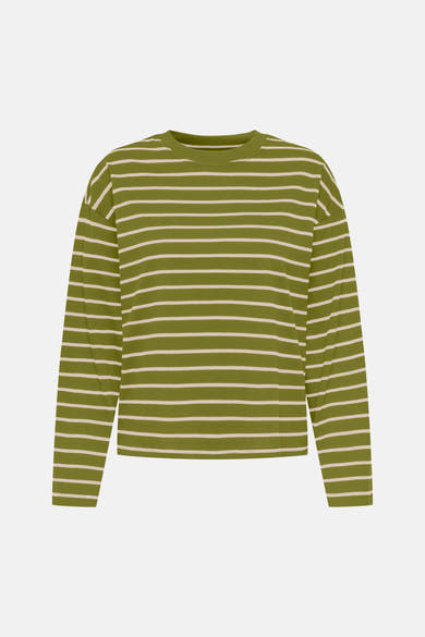 Olive green long-sleeve t-shirt with white horizontal stripes, round neckline, and relaxed fit, front view.