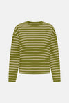 Olive green long-sleeve t-shirt with white horizontal stripes, round neckline, and relaxed fit, front view.