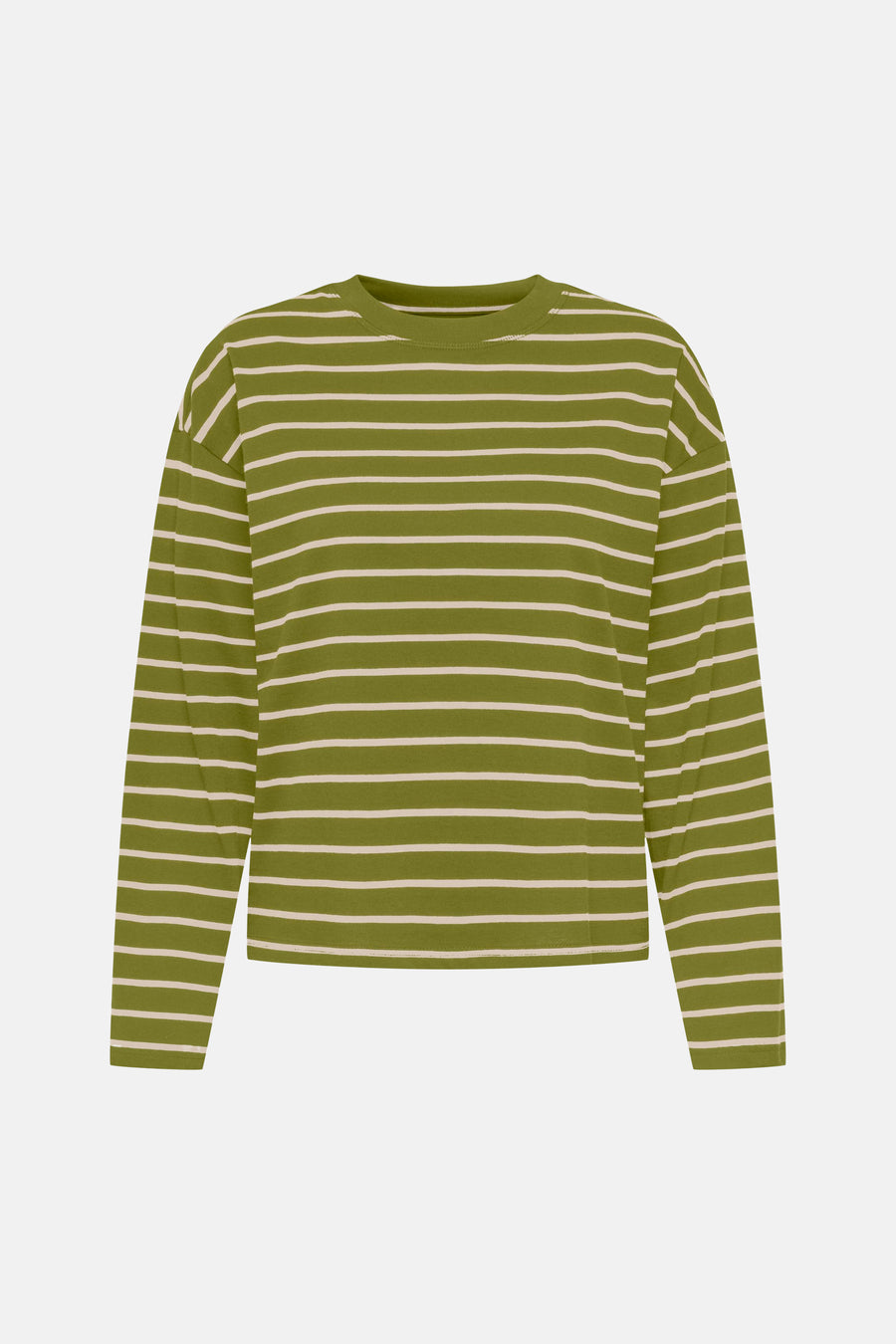 Olive green long-sleeve t-shirt with white horizontal stripes, round neckline, and relaxed fit, front view.